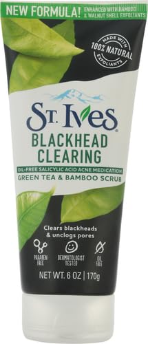 St. Ives Blackhead Clearing Face Scrub, Clears Blackheads & Unclogs Pores, Green Tea & Bamboo, Salicylic Acid Acne Treatment Facial Scrub, Moderate Exfoliator Skin Care with Natural Exfoliants 6 oz