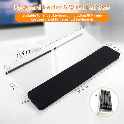 Computer Keyboard Stand with Keyboard Wrist Rest, Acrylic Keyboard Riser Tilt for Desktop, Ergonomic Keyboard Holder with Wrist Pad for Office Home School, Comfortable Typing & Working