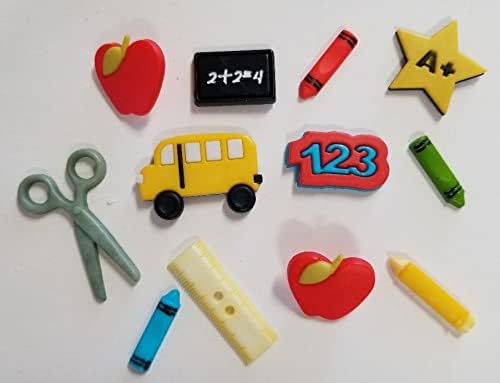 Artminds School Days Buttons Embellishments Set of 12 Bus Apple Ruler Scissors 123 A+ Crayons Chalkboard