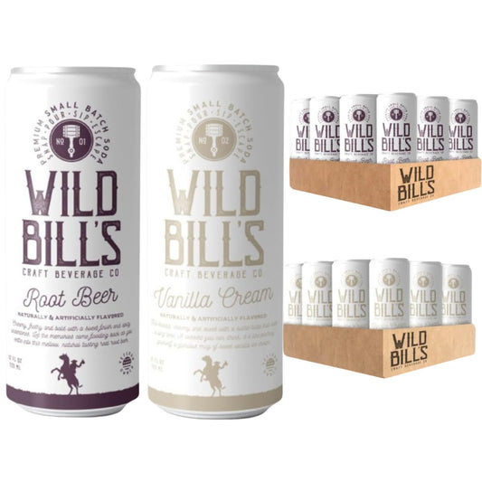 Wild Bill's Root Beer and Vanilla Cream Soda Bundle, Classic Craft Soda Pop Soft Drinks, Sodas Made with Pure Cane Sugar, Caffeine Free, NO High Fructose Corn Syrup, Gluten Free, Vegan, 12 Oz 24 Pack