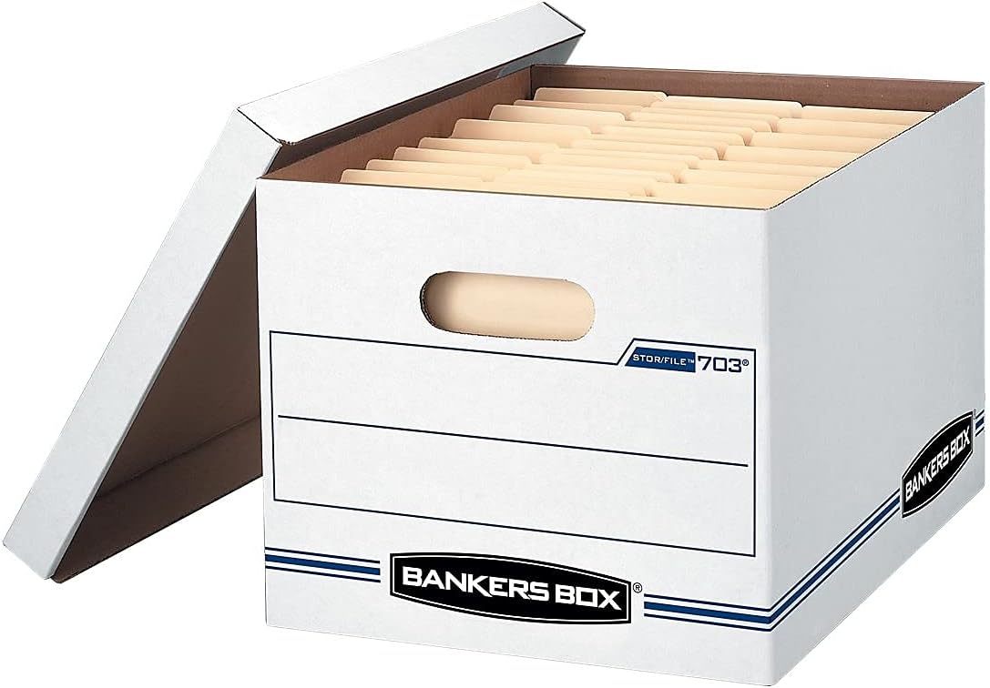 Bankers Box 12 Pack STOR/FILE Basic Duty File Storage Boxes, Standard Assembly, Lift-off Lid, Letter/Legal, White/Blue