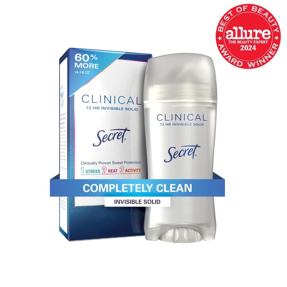 Secret Clinical Strength Antiperspirant and Deodorant for Women, Invisible Solid, 72hr Sweat Protection, PH Balancing Minerals, Completely Clean Scent, 2.6 oz