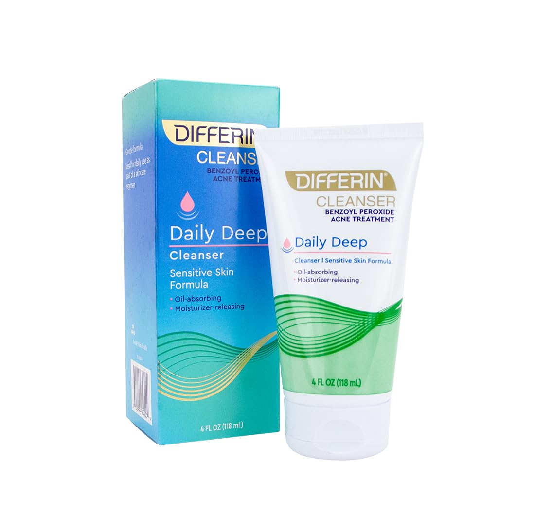 Differin Acne Face Wash with 5% Benzoyl Peroxide, Daily Deep Cleanser by the makers of Differin Gel, Gentle Skin Care for Acne Prone Sensitive Skin, 4 oz (Packaging May Vary)