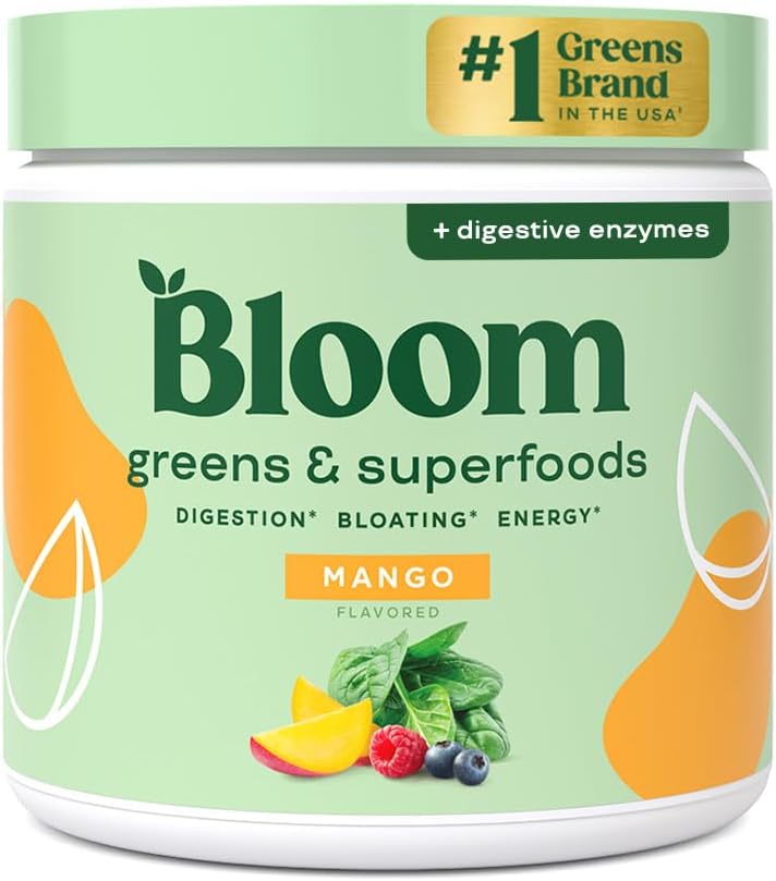 Bloom Nutrition Superfood Greens Powder, Digestive Enzymes with Probiotics and Prebiotics, Gut Health, Bloating Relief for Women, Chlorella, Green Juice Mix with Beet Root Powder, 30 SVG, Mango