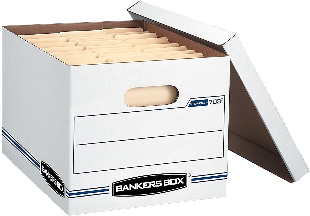 Bankers Box 12 Pack STOR/FILE Basic Duty File Storage Boxes, Standard Assembly, Lift-off Lid, Letter/Legal, White/Blue