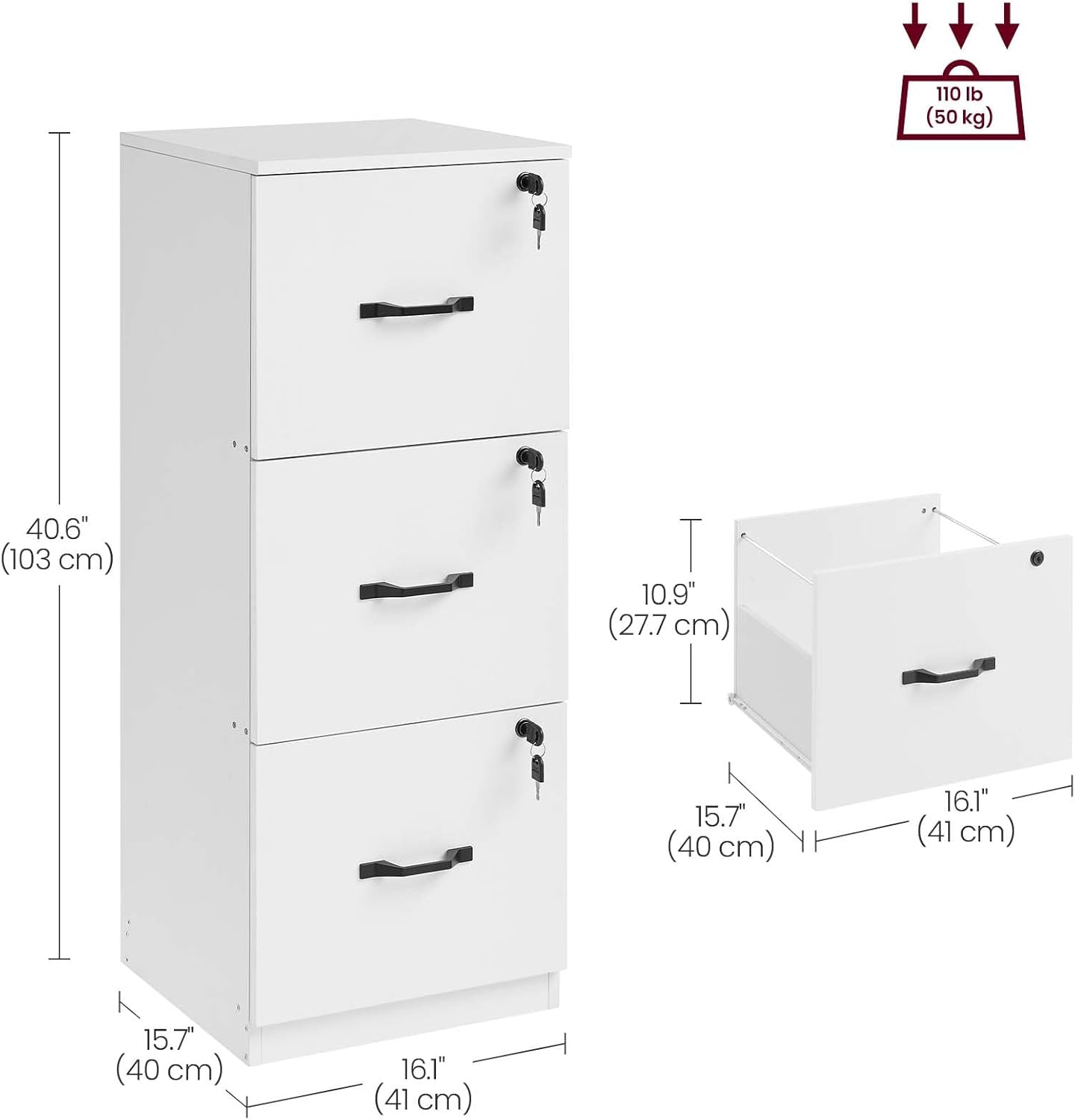 VASAGLE 3 Drawer File Cabinet, File Cabinet with Lock, Printer Stand, Office Filing Cabinet Organizer, for A4 and Letter Size Files, Cloud White UOFC055W14