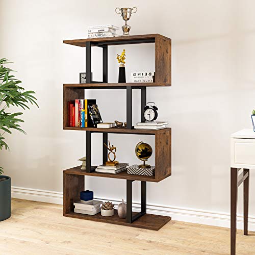 YITAHOME 5-Tier Bookshelf, S-Shaped Z-Shelf Bookshelves and Bookcase, Industrial Freestanding Multifunctional Decorative Storage Shelving for Living Room Home Office, Retro Brown