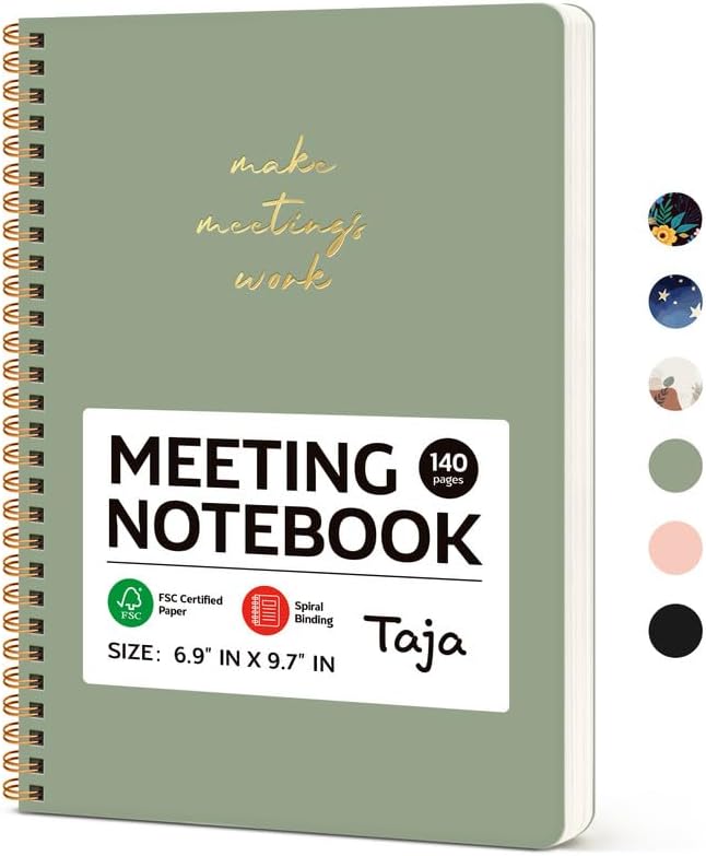 Taja Meeting Notebook for Work Organization - Work notebook with action items, Meeting Minutes Planner Notebook, Perfect Office Supplies for Men & Women - Green