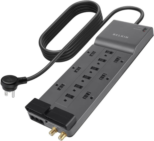 Belkin Surge Protector Power Strip w/ 12 AC Outlets & 8ft Long Flat Plug, UL-listed Heavy-Duty Extension Cord for Home, Office, Travel, Computer, Laptop, Phone Charger - 3,940 Joules of Protection