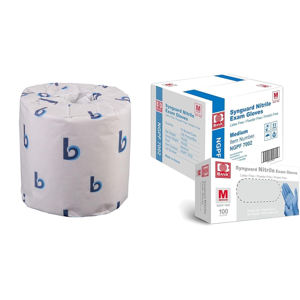 Boardwalk B6144 2-Ply Septic Safe Toilet Tissue - White (96/Carton) & Basic Medical Blue Nitrile Exam Gloves - Latex-Free & Powder-Free - NGPF-7002 (Case of 1,000), Medium