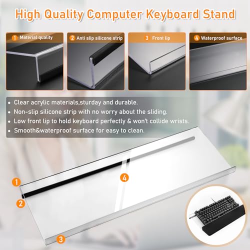 Computer Keyboard Stand with Keyboard Wrist Rest, Acrylic Keyboard Riser Tilt for Desktop, Ergonomic Keyboard Holder with Wrist Pad for Office Home School, Comfortable Typing & Working