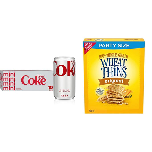 Diet Coke Mini Soda Soft Drinks 7.5 fl oz 10 Pack and Wheat Thins Whole Grain Wheat Crackers Party Size, Snack Variety Pack