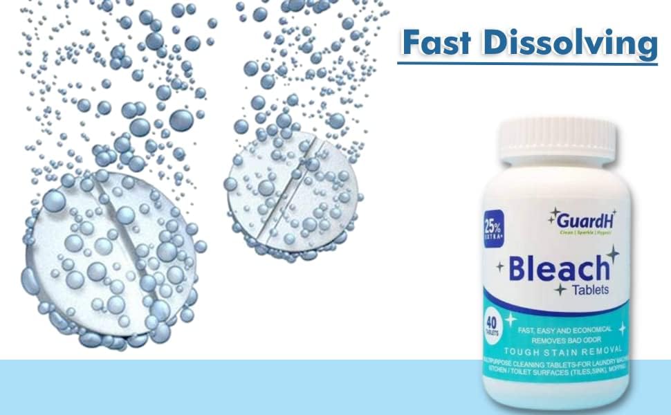 Bleach Tablets - 40 count. Bleach for laundry and multipurpose cleaning. Liquid bleach Alternative. Used for kitchen surfaces, bathroom tiles and toilet bowl cleaning.