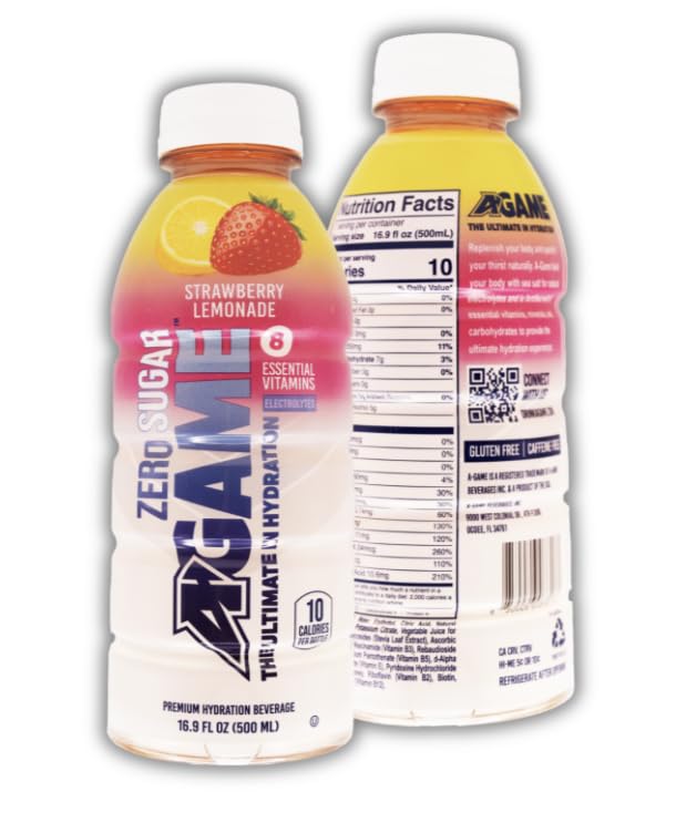 A-Game Zero Sugar Sports Drink, Strawberry Lemonade Zero, Sugar Free Hydration Sports Beverage, 8 Vitamins Plus Electrolytes, Natural Flavors, Gluten Free & Keto Friendly, 16.9 Fl Oz (Pack of 12)