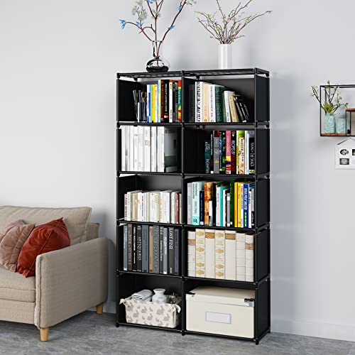 MOYIPIN Bookshelves, Assembled Storage Rack, Bedroom Living Room Vertical Cabinet Bookshelf, Double Row 10-Grid Multi-Functional Storage Equipment (Black)