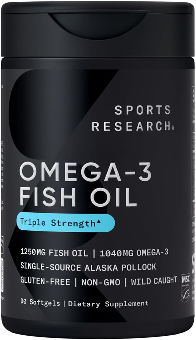 Sports Research Triple Strength Omega 3 Fish Oil - Burpless Fish Oil Supplement w/EPA & DHA Fatty Acids from Single-Source Wild Alaska Pollock - 1250 mg, 90 ct