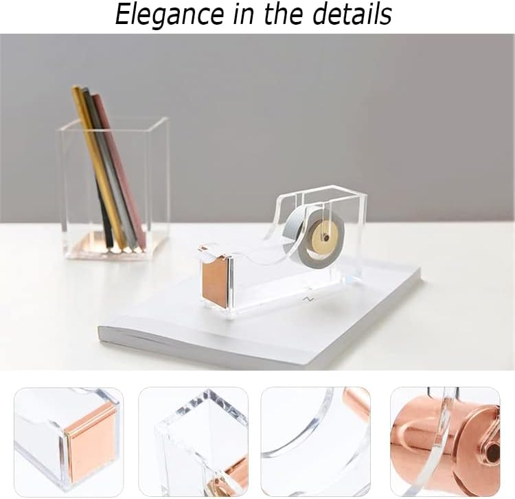 Rose Gold Desk Accessories, Acrylic Stapler, Staple Remover, Tape Holder, Pen Holder, Ballpoint Pen, Scissor, Binder Clips, Staples, Phone Holder, Ruler, Transparent Glue and Sticky Notes