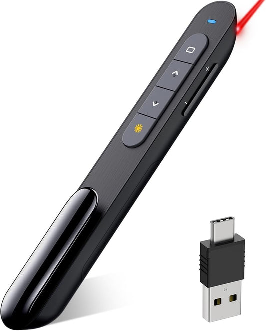 DinoFire USB Type C Wireless Presenter Remote Presentation Clicker,Volume Control PowerPoint Clicker with Red Pointer Long Range PPT Slide Advancer for Mac Laptop PC Computer