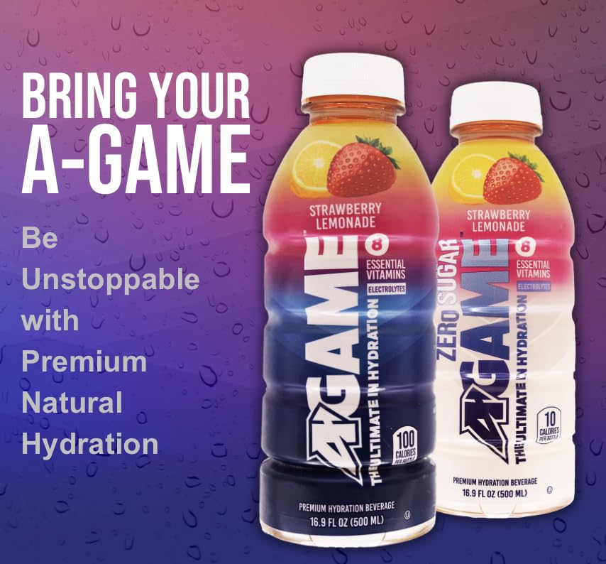 A-Game Zero Sugar Sports Drink, Strawberry Lemonade Zero, Sugar Free Hydration Sports Beverage, 8 Vitamins Plus Electrolytes, Natural Flavors, Gluten Free & Keto Friendly, 16.9 Fl Oz (Pack of 12)