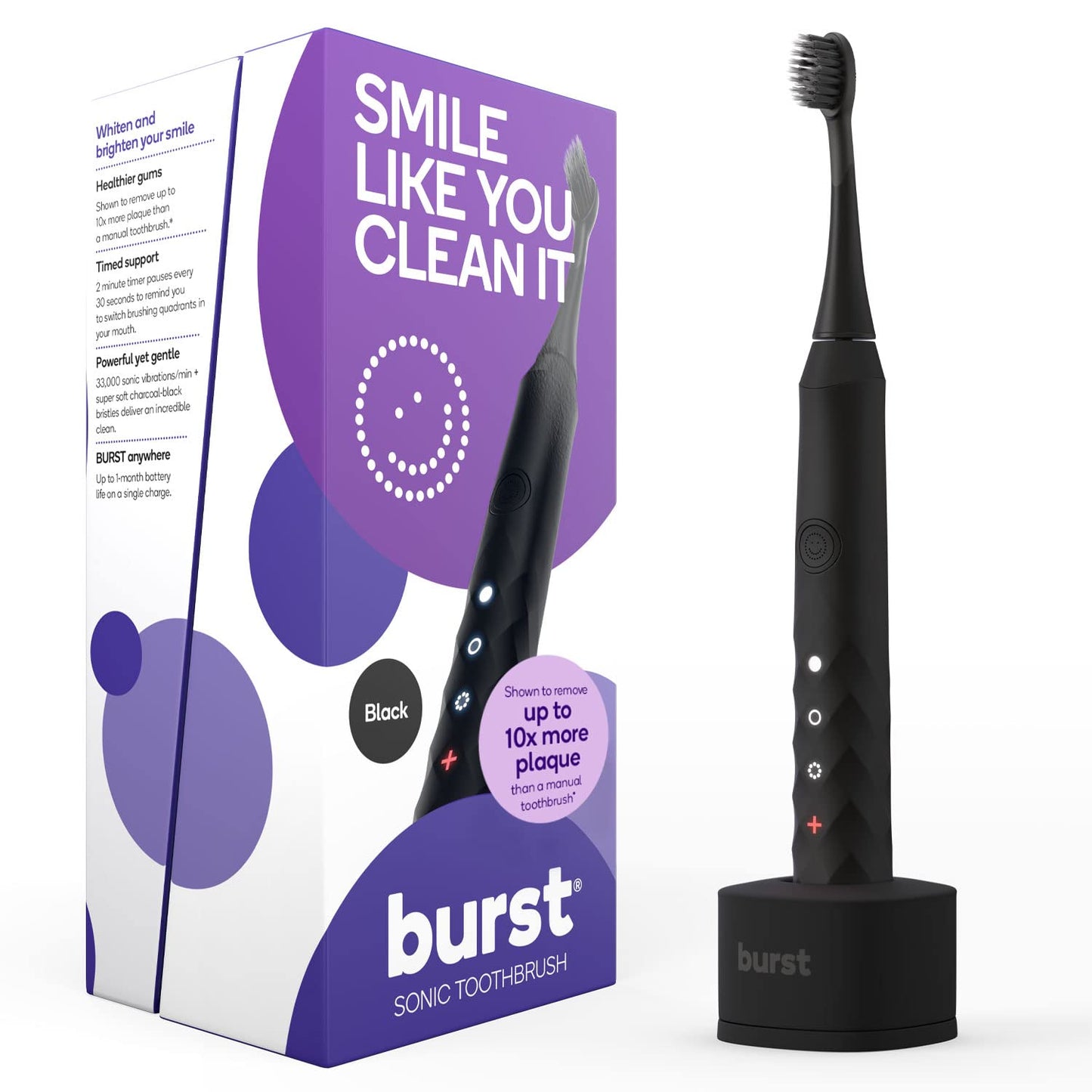 Burst Original Sonic Electric Toothbrush for Adults - Soft Bristle Toothbrush for Deep Clean, Stain & Plaque Removal - 3 Sonic Toothbrush Modes: Teeth Whitening, Sensitive, Massage - Black