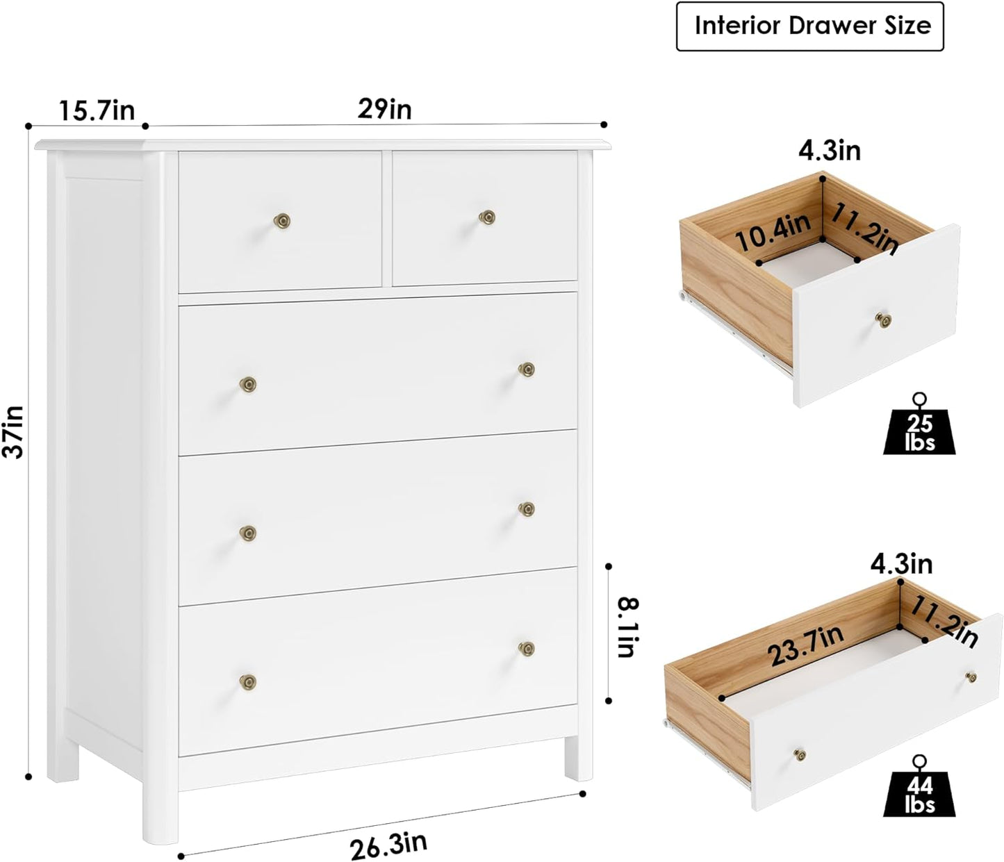 HOUSUIT White Dresser with 5 Drawers, Tall Dresser Chest of Drawers, 5 Drawer Dresser with Deep Space, Wood Dresser Storage Cabinet for Living Room, Hallway, Office, White