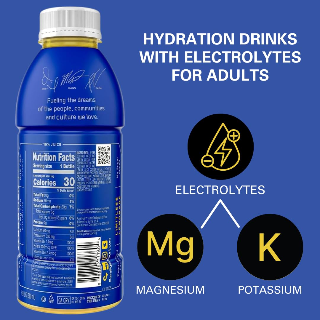 Hydration Drinks Limitless Lemonade - Plant-Based Healthy Electrolyte Drinks with B-Vitamins - No Added Sugar - 12 Pack x 16.9 fl oz Bottles