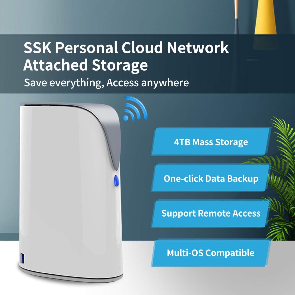 SSK 4TB Personal Cloud Network Attached Storage Support Wireless Remote Access, Home Office NAS Storage with Hard Drive Included for Phone/Tablet PC/Laptop Auto-Backup, Has No Wi-Fi Connection