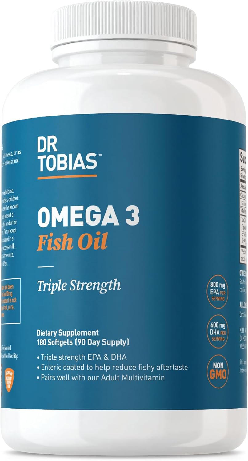 Dr. Tobias Omega 3 Fish Oil, 2000mg Triple Strength Omega 3 Supplement with 800mg EPA 600mg DHA Per Serving, Fish Oil Omega 3 Supplements for Heart, Brain & Immune Support, 180 Softgels, 90 Servings