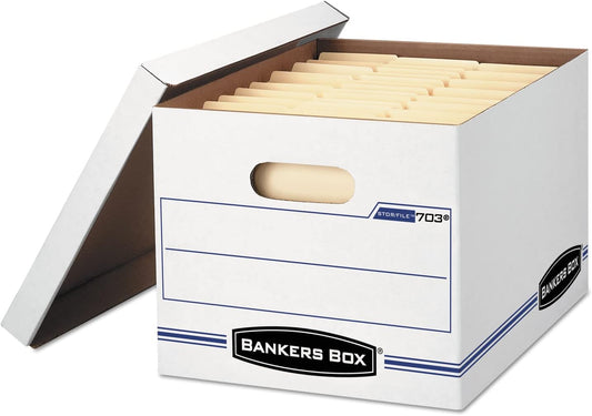 Bankers Box 12 Pack STOR/FILE Basic Duty File Storage Boxes, Standard Assembly, Lift-off Lid, Letter/Legal, White/Blue