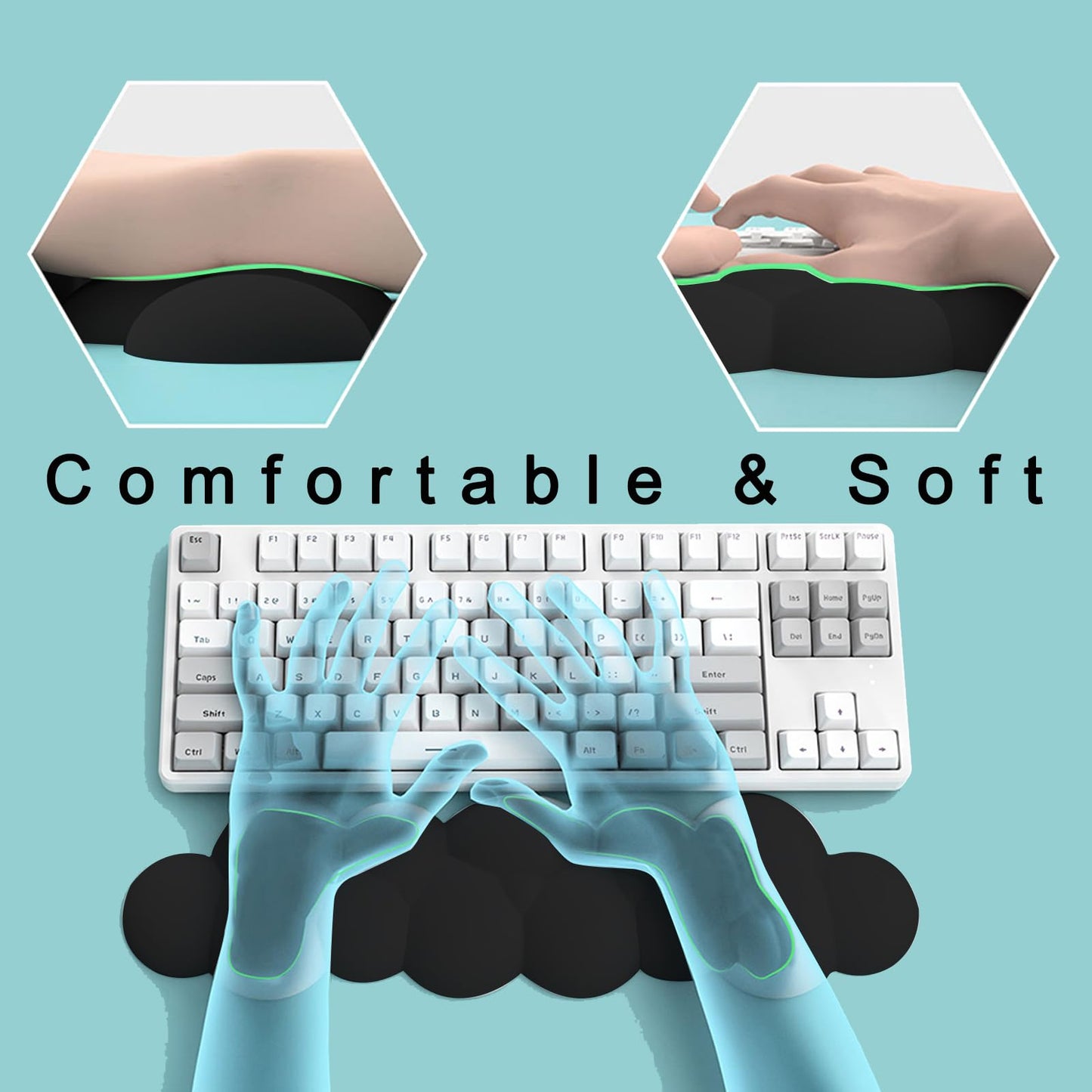 Keyboard Wrist Rest Pad, Ergonomic Design Effective Wrist Pain Relief Arm Rest Desk, Cute Cloud Decoration Gift for Office, Study, Computer Game Table Mouse Accessories (Green+White)