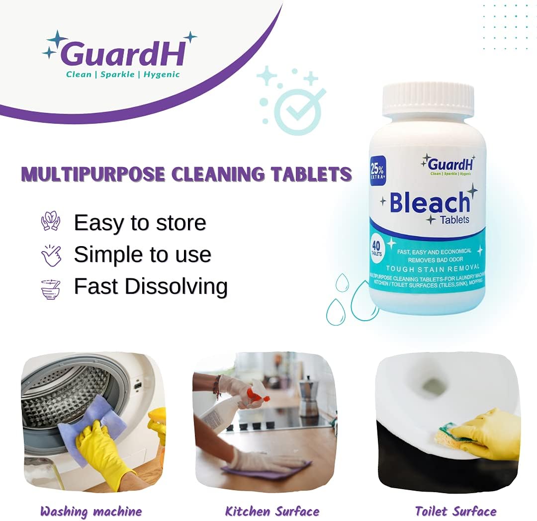 Bleach Tablets - 40 count. Bleach for laundry and multipurpose cleaning. Liquid bleach Alternative. Used for kitchen surfaces, bathroom tiles and toilet bowl cleaning.