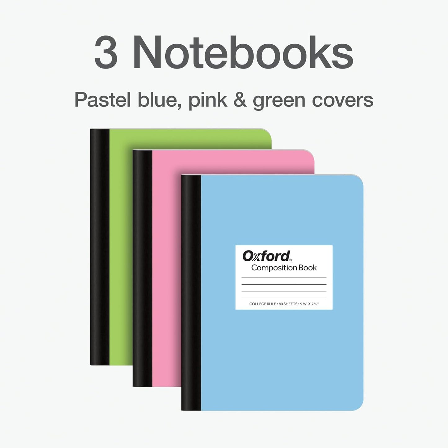 Oxford Composition Notebooks, 9-3/4 x 7-1/2 Inch School Journals, College Ruled Paper, Pastel Color Covers, 100 Sheets per Book, 3 Pack (1002520)