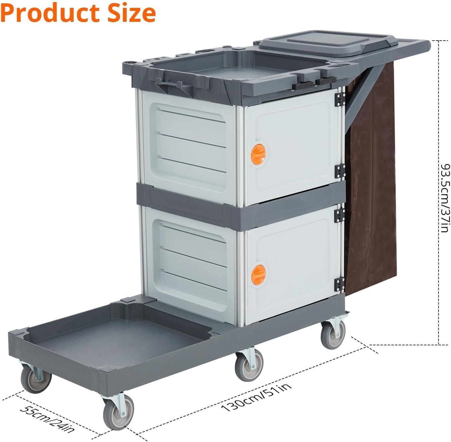 Garvee Commercial Janitorial Cart with 2 Cabinet, Commercial Traditional Janitorial 3-Shelf Cleaning Cart on Wheels with Cover and Vinyl Bag, Custodial Cart, Housekeeping Carts for Hotels Apartment