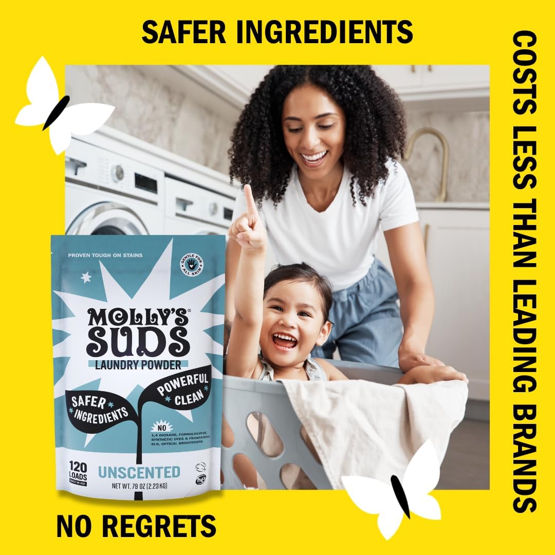 Molly's Suds Original Laundry Detergent Powder | Natural Laundry Detergent Powder for Sensitive Skin | Earth-Derived Ingredients, Stain Fighting | 120 Loads (Unscented)