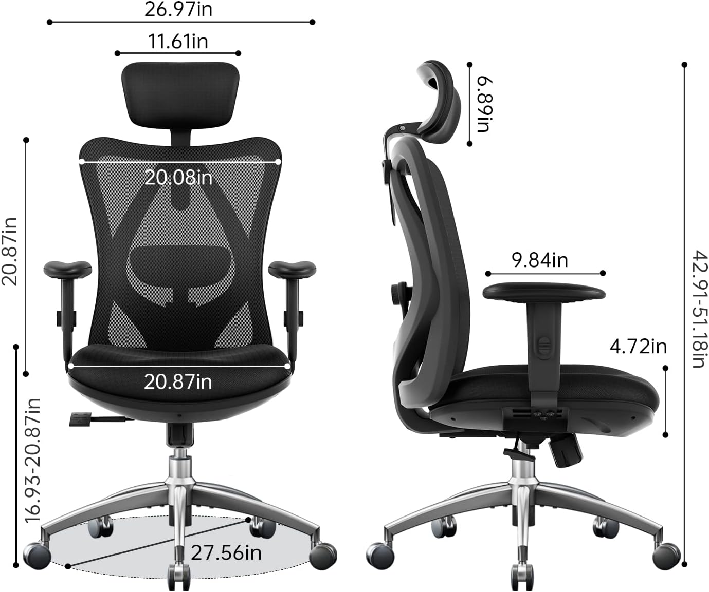 SIHOO M18 Ergonomic Office Chair for Big and Tall People Adjustable Headrest with 2D Armrest Lumbar Support and PU Wheels Swivel Tilt Function Black