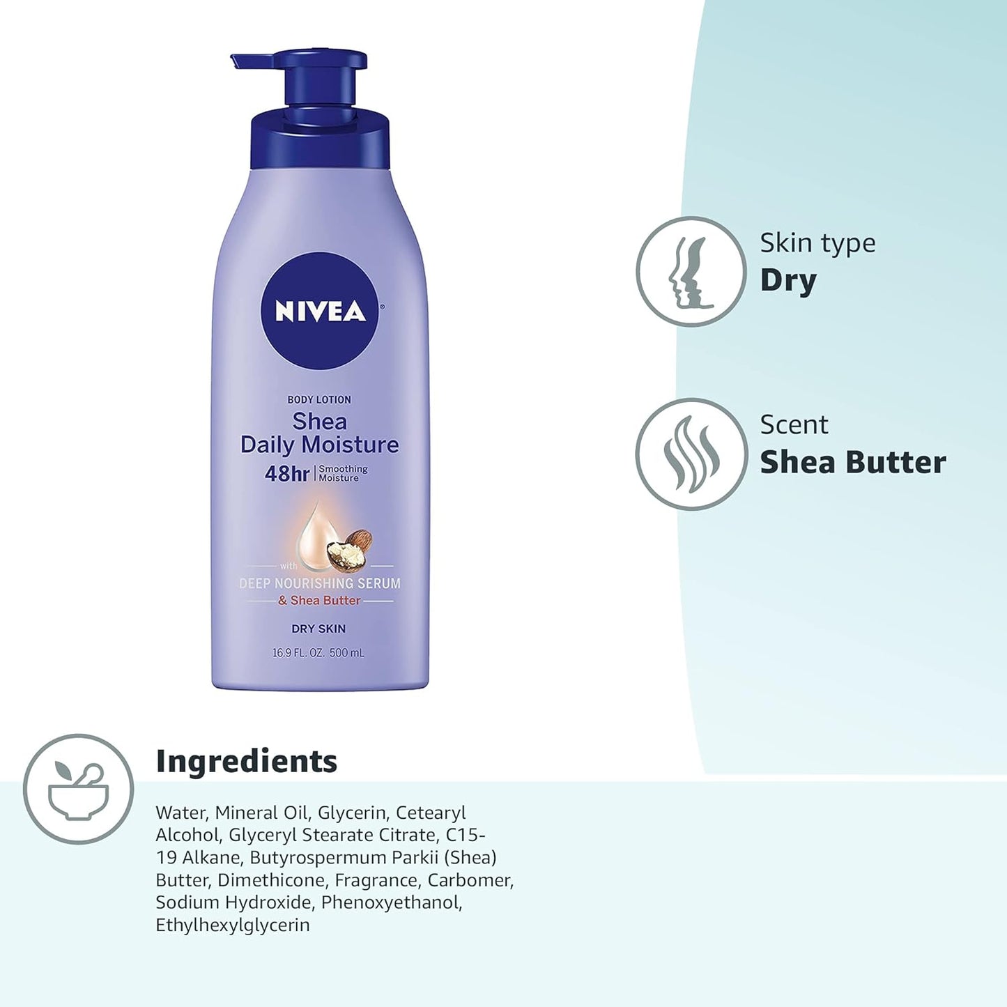 NIVEA Shea Nourish Body Lotion, Dry Skin Lotion with Shea Butter, Moisturizing Lotion for Dry Skin, 16.9 Fl Oz Pump Bottle