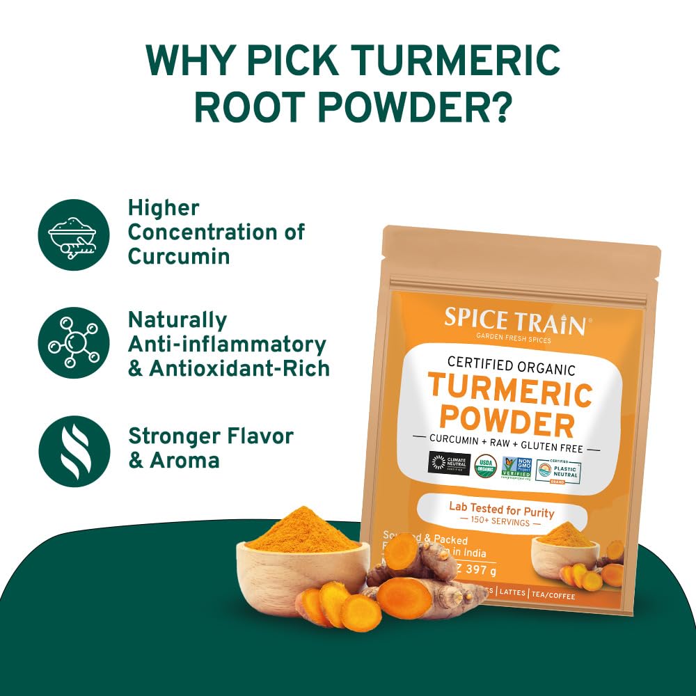 SPICE TRAIN, Organic Turmeric Powder with Curcumin (397g/14oz) Lab Tested for Heavy Metal | USDA Organic, Gluten Free & Vegan | Made from Turmeric Root | Raw Turmeric Powdered Organic from India