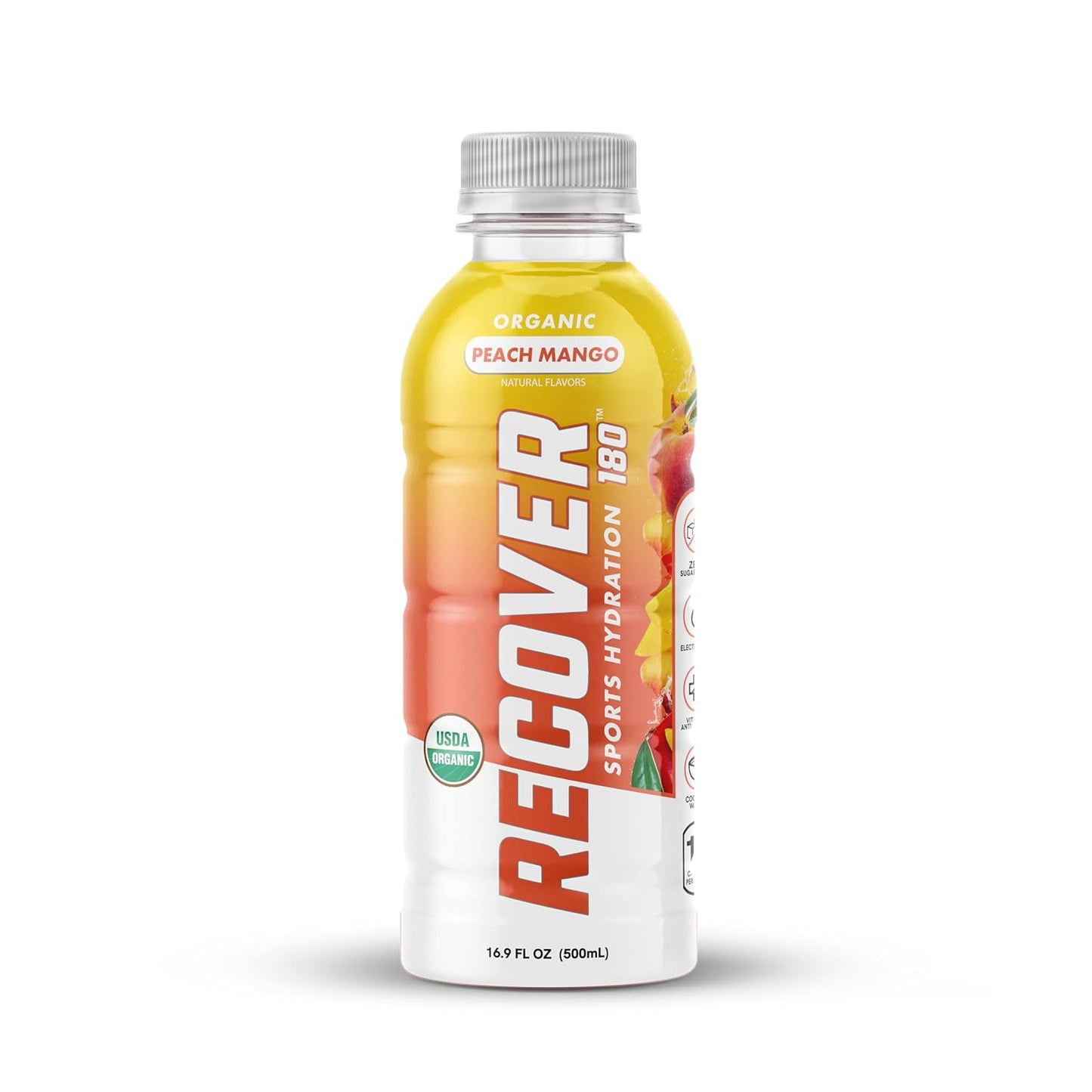 RECOVER 180 Organic Hydration Sports Drink, No Sugar Added, 15 Calorie Sports Beverage, Organic Flavors With Vitamins, Potassium-Packed Electrolytes (16.9 Fl Oz (Pack of 12), Peach Mango)