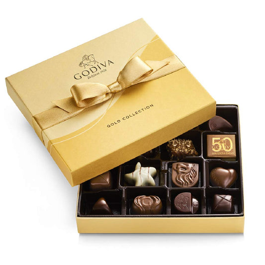 Godiva Chocolatier Chocolate Gift Box for Birthday, Thank You, Anniversary, Congratulations Gift Basket Gold Ribbon Gourmet Candy Assortment with Praline, Caramel in Milk, White, Dark Chocolate, 19pc