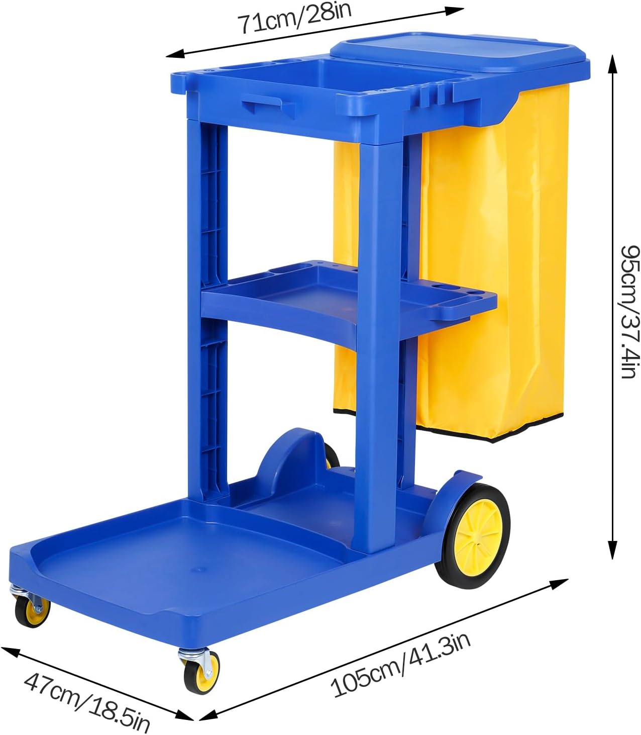 Commercial Janitorial Cart 3 Shelf, Housekeeping Janitor Cleaning cart, 200 Lbs Large Capacity Janitorial cart, Wheeled with 22 Gallon Yellow Vinyl Bag and Cover lid, Blue