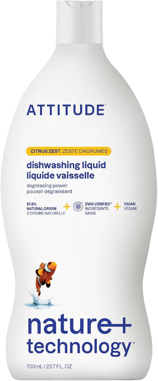 ATTITUDE Dishwashing Liquid, EWG Verified, Vegan Dish Soap, Plant Based, Naturally Derived Products, Citrus Zest, 23.7 Fl Oz