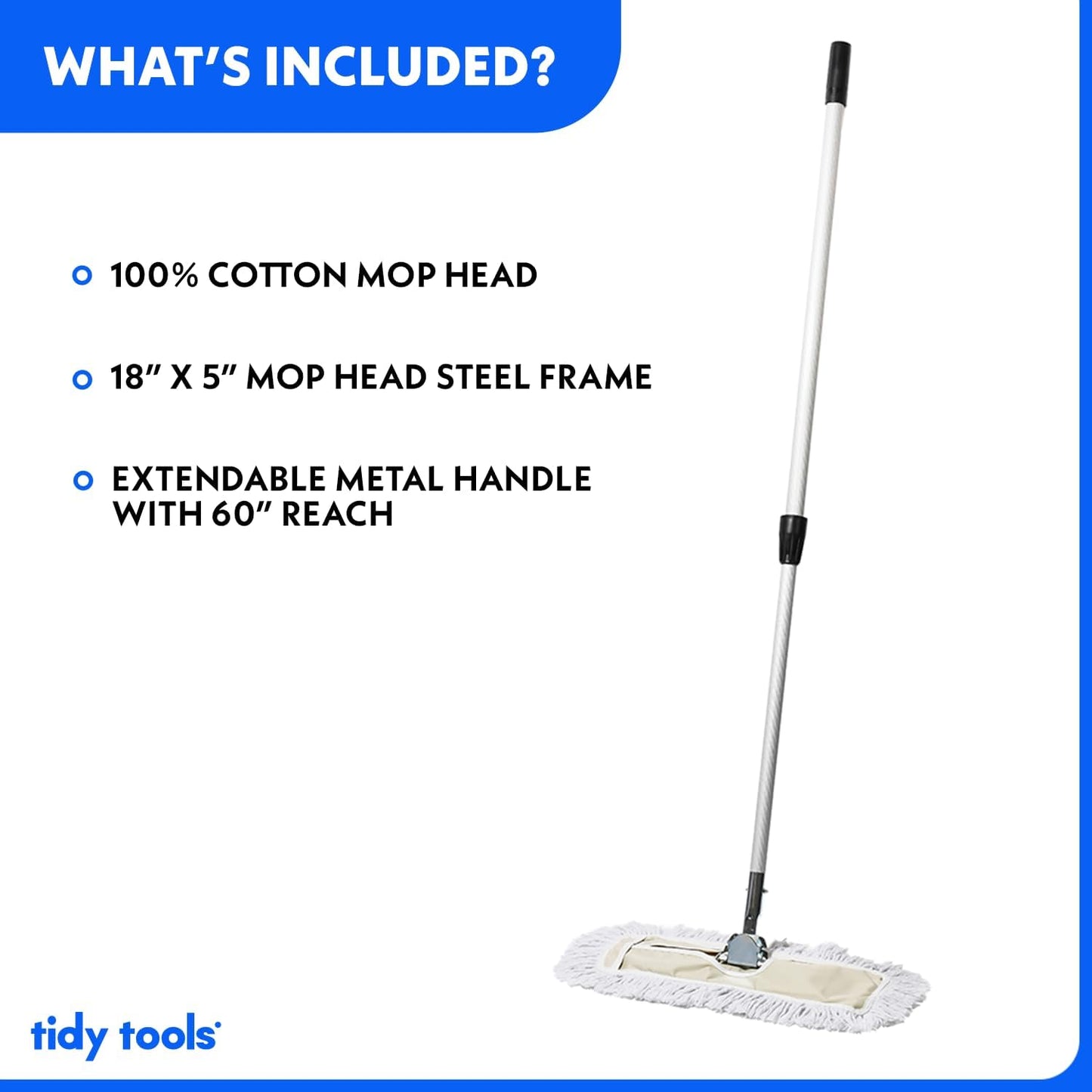 Commercial Dust Mop & Floor Sweeper, 18 in. Dust Mop for Hardwood Floors, Cotton Reusable Dust Mop Head, Extendable Mop Handle, Industrial Dry Mop for Floor Cleaning & Janitorial Supplies