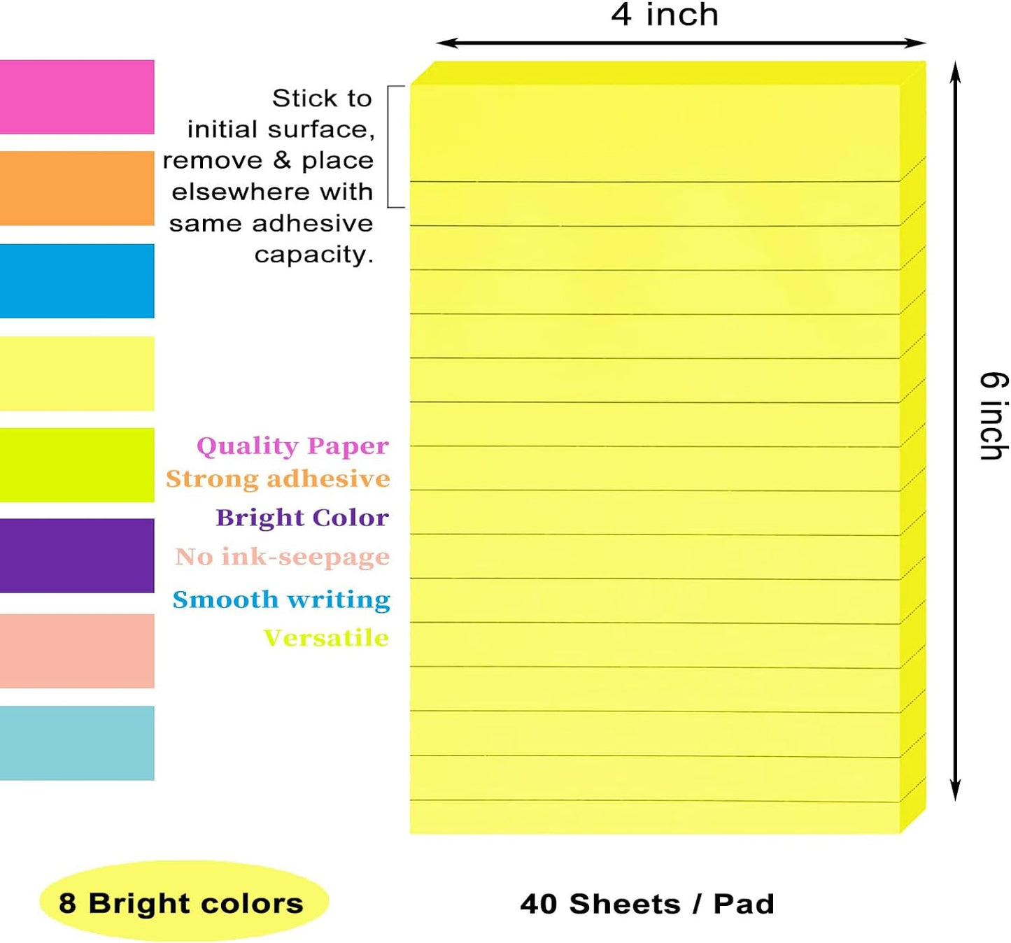 (8 Pack) Lined Sticky Notes 4X6 in Post, 8 Bright Colors Large Ruled Post Sticky Colorful Super Sticking Power Memo Pads Strong Adhesive,Sticky Notes Lined for Office, Home, School, 40 Sheets/pad