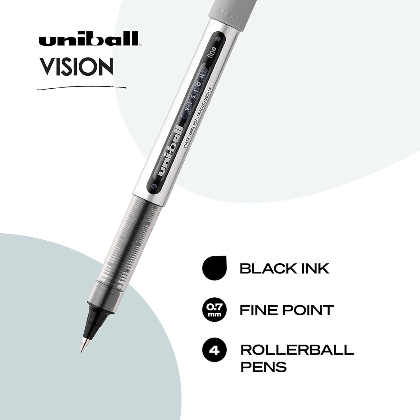 Uniball Vision Rollerball Black Pens Pack of 4 - Fine Point Journaling Pens, 0.7mm Medium Black Ink - Teacher Pen, Smooth Writing Japanese Pens, School Supplies