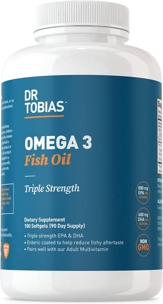 Dr. Tobias Omega 3 Fish Oil, 2000mg Triple Strength Omega 3 Supplement with 800mg EPA 600mg DHA Per Serving, Fish Oil Omega 3 Supplements for Heart, Brain & Immune Support, 180 Softgels, 90 Servings