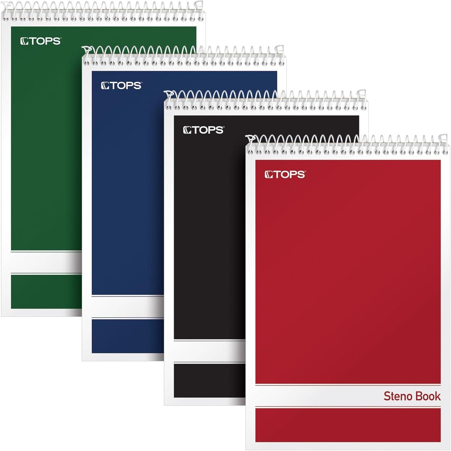 TOPS Spiral Steno Books, 6" x 9", Gregg Rule White Paper, Assorted Covers, 80 Sheets per Book/4 Books per Pack (80220)