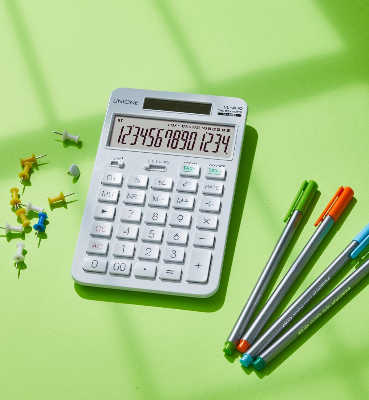 14 Digits Desktop White Calculator with a Bright LCD, Dual Power Handheld Desktop. Color. Business, Office, High School