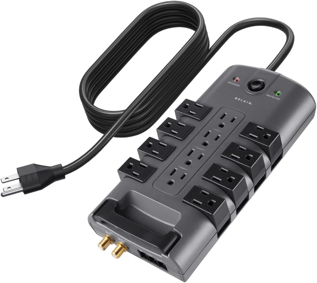 Belkin Surge Protector Power Strip w/ 8 Rotating & 4 Standard Outlets - 8ft Sturdy Extension Cord w/ Flat Pivot Plug for Home, Office, Travel, Desktop & Charging Brick - 4320 Joules of Protection