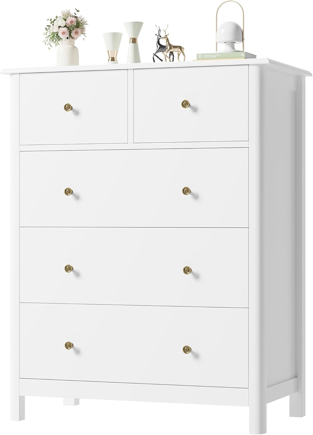 HOUSUIT White Dresser with 5 Drawers, Tall Dresser Chest of Drawers, 5 Drawer Dresser with Deep Space, Wood Dresser Storage Cabinet for Living Room, Hallway, Office, White