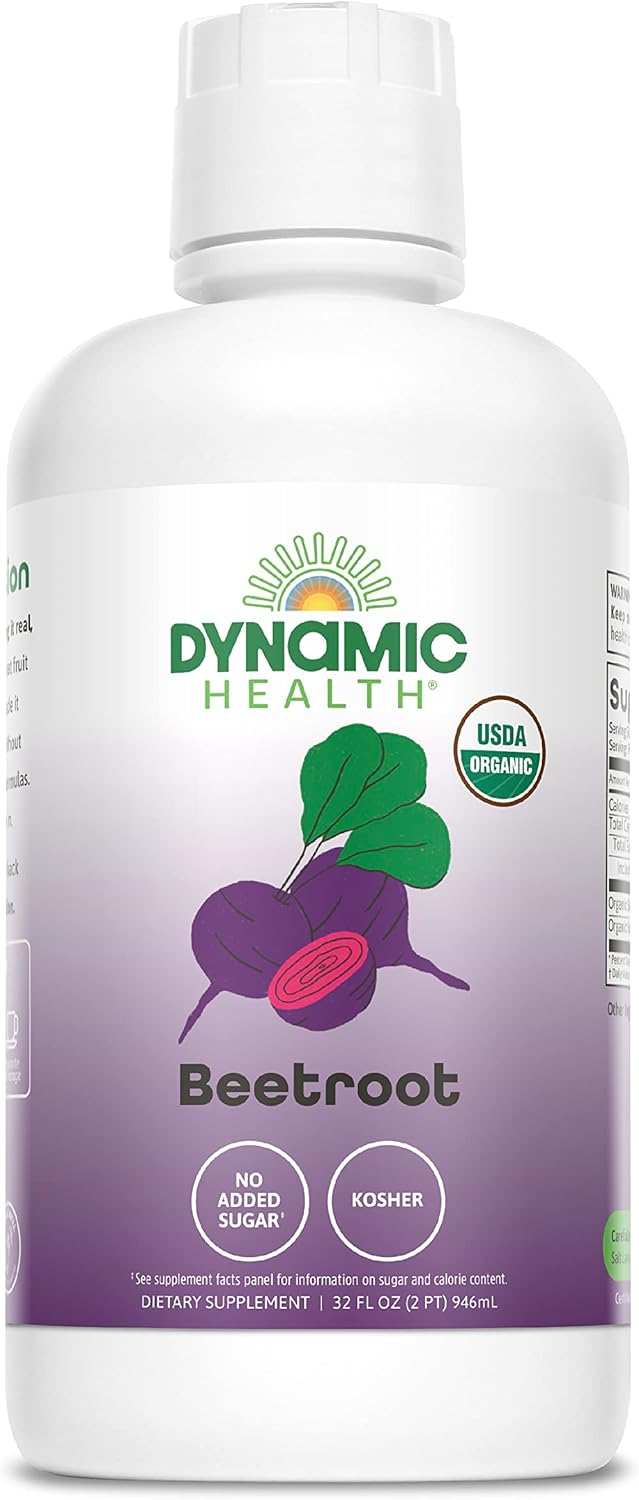 Dynamic Health Certified Organic Beetroot Juice Concentrate Dietary Supplement, No Added Sugar, Artificial Colors, Preservatives, BPA-Free, Gluten-Free, 32 oz